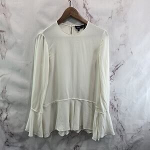 Theory Shirt Womens Medium White Silk Blouse Bell Flare Keyhole Ruffle Peplum
